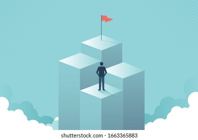 Businessman Looking To Target On Higher Pillar, Business Vision Concept. Symbol Of Motivation, Career Growth, Success, Ambition. Vector Design.