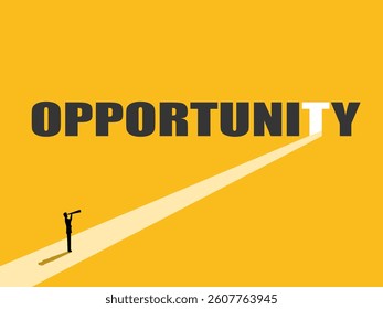 Businessman looking at telescope looking for new opportunity door