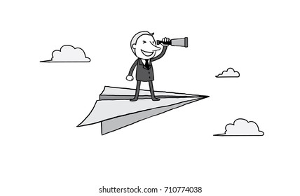 businessman looking telescope on big rocket paper over cloud in the sky. leader vision concept. isolated vector illustration outline hand drawn doodle line art cartoon design character.