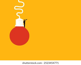 Businessman looking at telescope on creative light bulb 