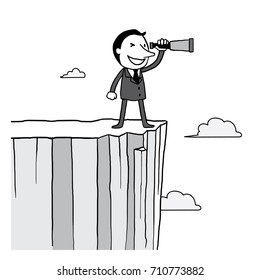 businessman looking telescope on high cliff over cloud in the sky. leader vision concept. isolated vector illustration outline hand drawn doodle line art cartoon design character.