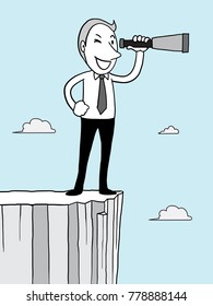 businessman looking telescope on high cliff over cloud in the blue sky. leader vision concept. isolated vector illustration outline hand drawn doodle line art cartoon design character.