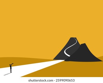 Businessman looking at telescope on the path to the top of the mountain