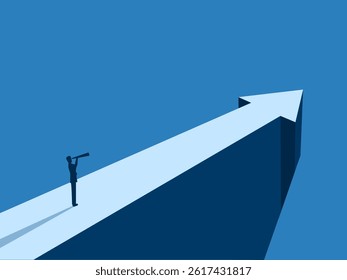Businessman looking at a telescope on the tip of an arrow pointing in the direction of the future