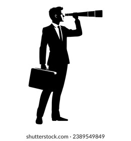 Businessman looking telescope silhouette. Forecast, vision in business concept. Vector illustration