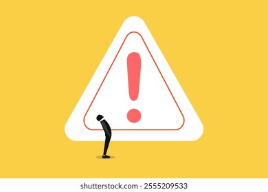 Businessman looking up thinking with big incident with exclamation attention sign. concept of Solving problem, identify risk or critical failure