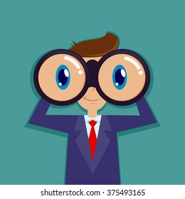 Businessman looking through binocular and smiling, vector illustration
