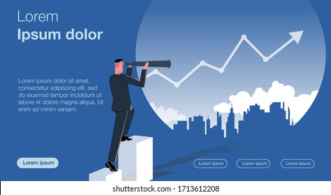 A businessman is looking through binoculars. City over which a huge arrow flies. Business vector concept illustration.