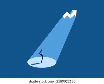 Businessman looking through binoculars at a glowing volatility and growth chart
