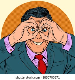 Businessman looking through binoculars hands. Pop art retro illustration kitsch vintage 50s 60s style