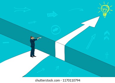 Businessman looking through binoculars at an idea through an obstacle
