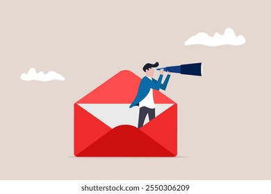 Businessman looking through binoculars in a large envelope. Business vision to see opportunity or strategy. discovery or visionary to look