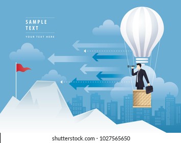 Businessman looking through binoculars on balloon shaped as a light bulb, Balloon flying up in the Sky, Mountain and the Red Flag, Concept of business risk, Challenge, Reach the target, Vision concept