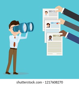 Businessman looking through binoculars on resume page,candidate hand holding cv resume paper,recruitment concept,flat vector illustration