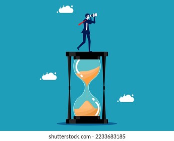 Businessman looking through binoculars on hourglass. vector