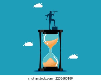 Businessman looking through binoculars on hourglass. vector