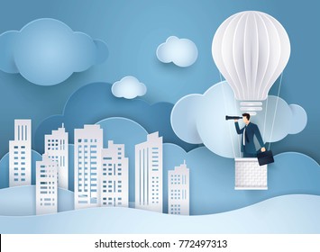 Businessman looking through binoculars on balloon shaped as a light bulb, Balloon flying up in the Sky,  Building in the City, Business vision concept, Paper art vector and illustration.
