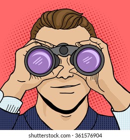 Businessman looking through binoculars pop art style vector illustration. Comic book style imitation