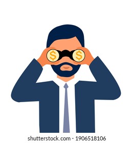 Businessman looking through binoculars and see dollar money in flat design on white background. Professional vision to complete business goal. Investment opportunity.
