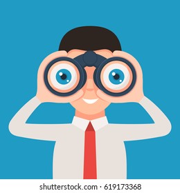 Businessman looking through binoculars and smiling. Vector illustration in cartoon style