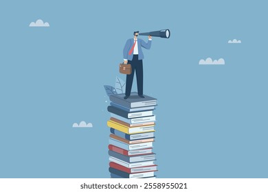 Businessman looking through binoculars standing on pile of books, Learning and education increase business opportunities, New knowledge leads to great success, Business development concept. Vector.