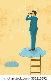 Businessman looking through binoculars and standing in the clouds