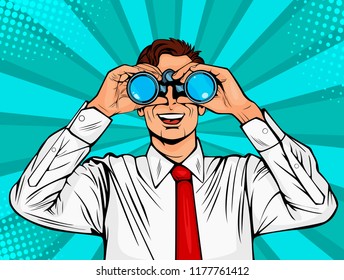 Businessman Looking Through Binoculars. Surprised Man With Open Mouth. Colorful Vector Background In Pop Art Retro Comic Style.