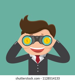 Businessman looking through binoculars. Vector illustration.