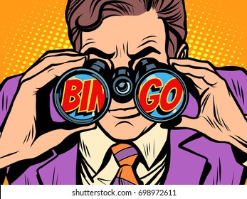 Businessman looking through binoculars with the word Bingo. Pop art retro vector illustration.