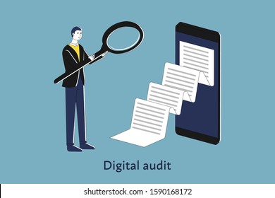 Businessman is looking through magnifier to document coming from big smart phone, stock flat illustration, digital audit concept.