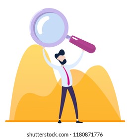 Businessman looking through a magnifying glass. Vector illustration in cartoon style