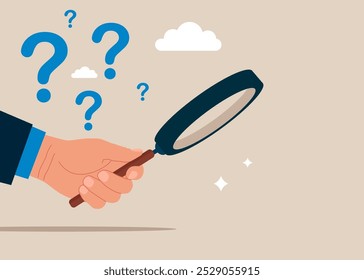 Businessman looking through magnifying glass searching. Thinking of who what where when why and how. 5w1h asking questions for solution to solve problem, business analysis to new idea. 