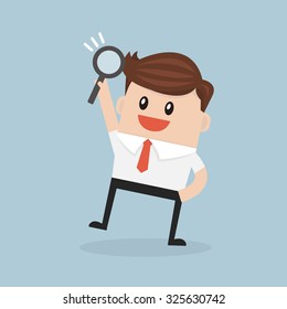 Businessman looking through a magnifying glass. vector. flat design