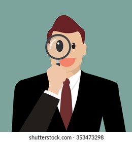 Businessman looking through a magnifying glass. Business concept