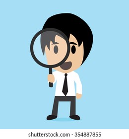 Businessman looking through a magnifying glass, vector illustration