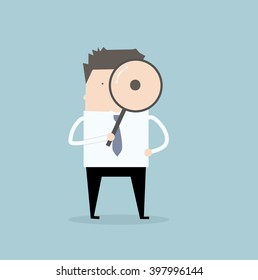 Businessman looking through the magnifying glass. Business concept illustration. 