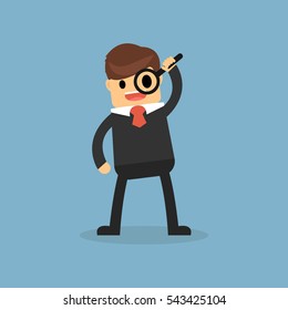 Businessman looking through a magnifying glass