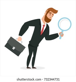 Businessman looking through a magnifying glass. Concept business Vector illustration Template