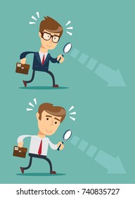 Businessman looking through a magnifying glass. Business and finance concept. Set, Vector, illustration, flat