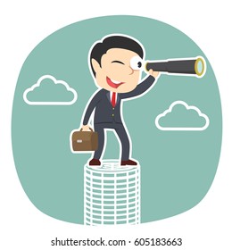 businessman looking through monocular on coins