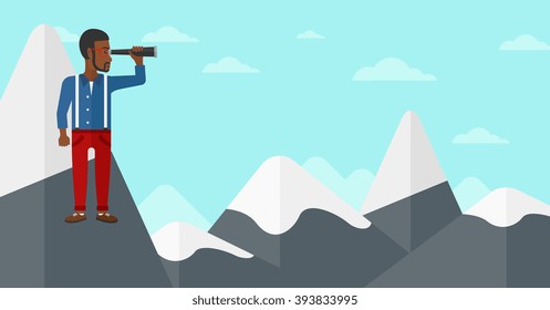 Businessman looking through spyglass.