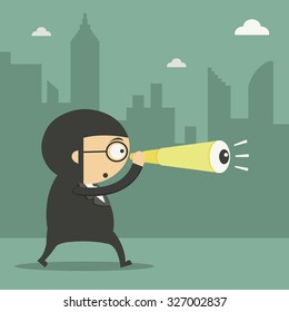  Businessman looking through spyglass to the future before abyss.