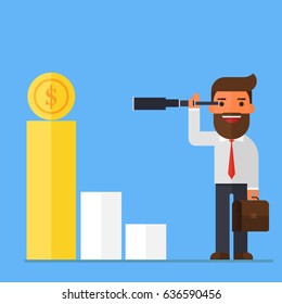 Businessman looking through spyglass at high bar graph