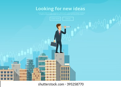 Businessman looking through spyglass and looking for new ideas, trends, markets. Concept of web banner with person standing on the top of building. Modern flat design of urban landscape.