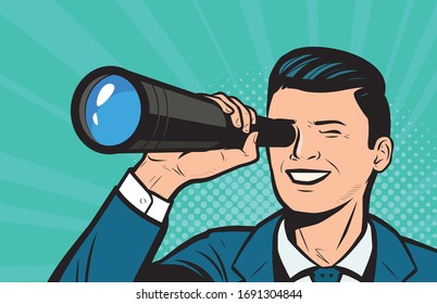 Businessman looking through spyglass. Retro comic pop art vector illustration