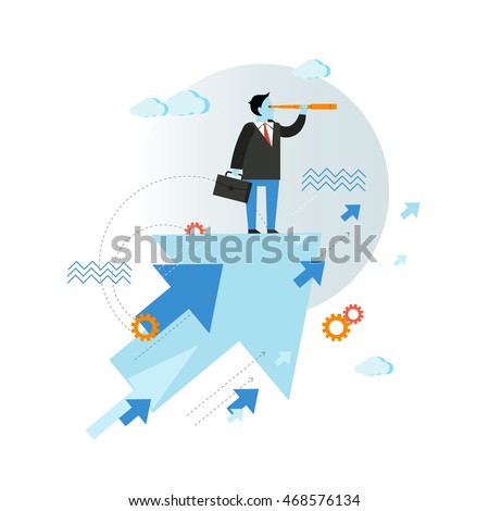Businessman looking through spyglass vector illustration in flat style design. Creative business vision concept. Moving ahead.