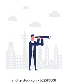 Businessman looking through a telescope.