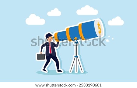 A businessman looking through a telescope at a bitcoin sign, illustration of monitoring and evaluating bitcoin valuation movements  