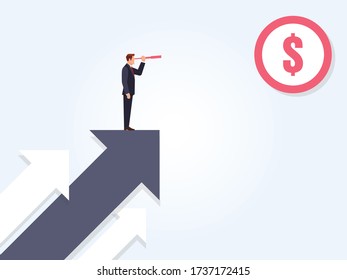Businessman looking through telescope. Business vision and perspective planning concept. Businessman searching for valuable idea - sales, marketing, innovation illustration.