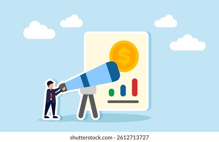 businessman looking through a telescope at a document with a dollar coin symbol and a chart, illustration of monitoring and analyzing company financial reports